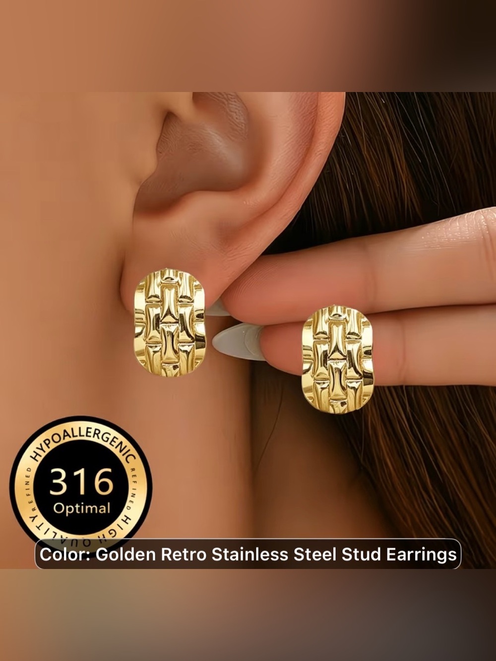 Golden Retro Stainless Steel Stud Earrings - Designer Style